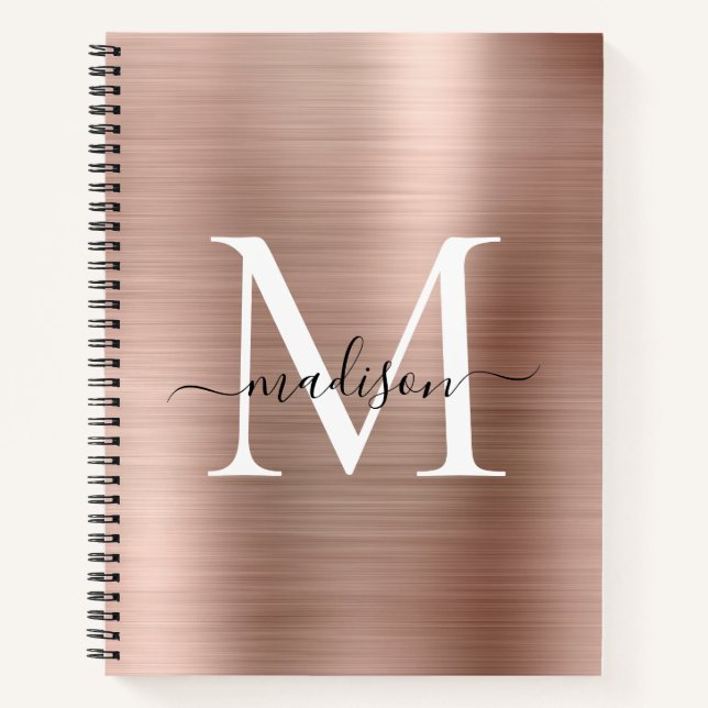 Rose Gold Pink Monogram Script Brushed Metal Foil Notebook (Front)