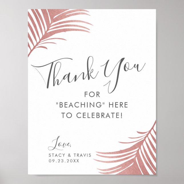Rose Gold Pink Palm Leaves Thank You Sign (Front)