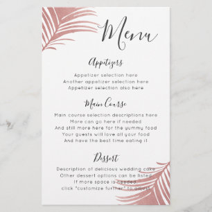 Rose Gold Pink Palm Leaves Tropical Menu