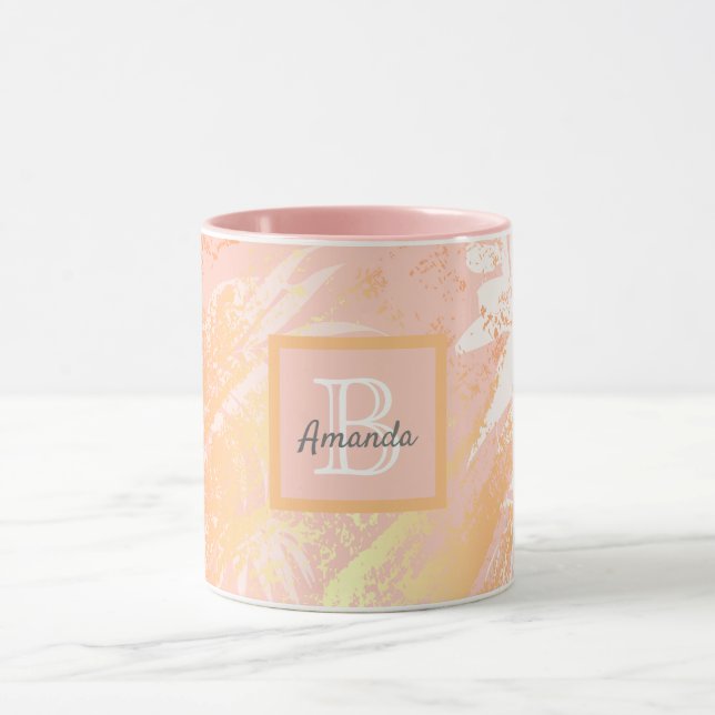 Rose gold pink palm tree foliage monogram mug (Center)