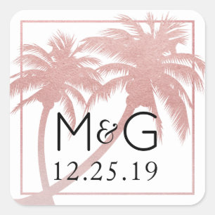 Rose Gold Pink Palm Tree Wedding Favour Square Sticker