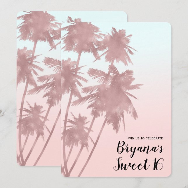 Rose Gold Pink Palms Beach Ombre Palm Trees Chic Invitation (Front/Back)