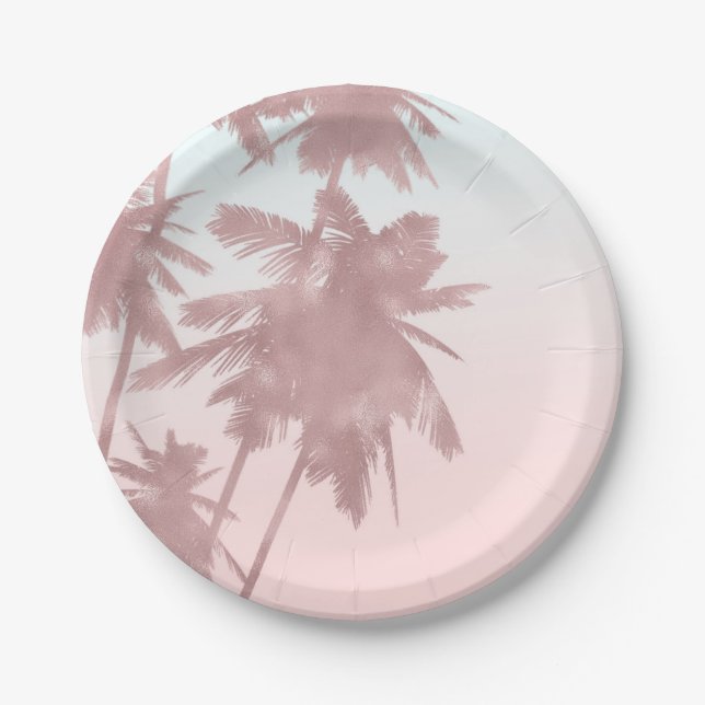 Rose Gold Pink Palms Beach Ombre Palm Trees Paper Plate (Front)