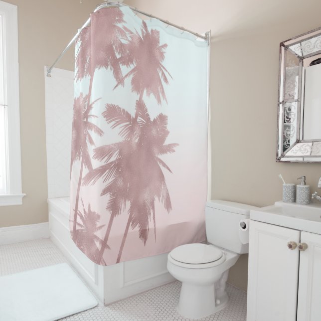 Rose Gold Pink Palms Beach Ombre Palm Trees Shower Curtain (In Situ)