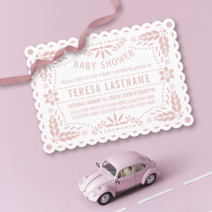 Rose gold pink papel picado white baby girl shower invitation