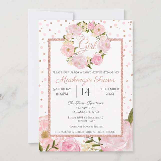 Rose Gold Pink Peony Girls Baby Shower Invitation (Front)