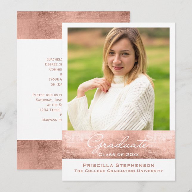 Rose Gold Pink Photo Graduation Announcement (Front/Back)