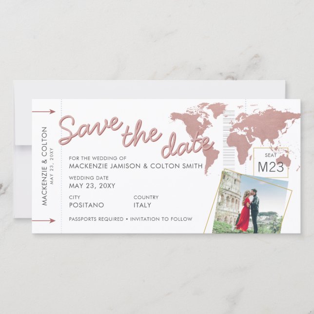 Rose Gold Pink Plane Ticket Destination Save Date (Front)
