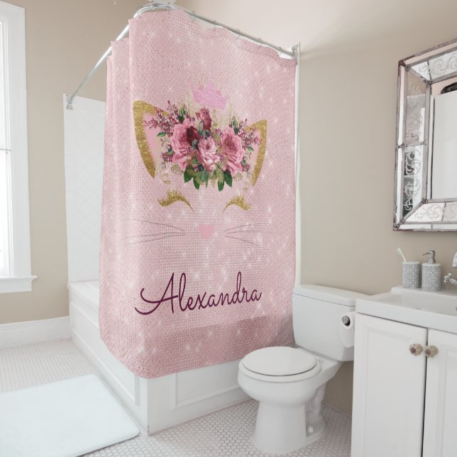 Rose Gold Pink Princess Kitty with Monogram Shower Curtain (In Situ)