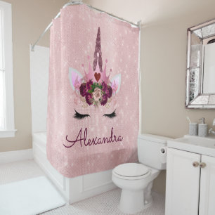 Rose Gold Pink Princess Unicorn with Monogram Shower Curtain
