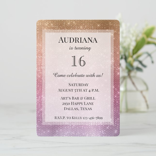 Rose Gold Pink Purple Sparkle Birthday Invitation (Standing Front)