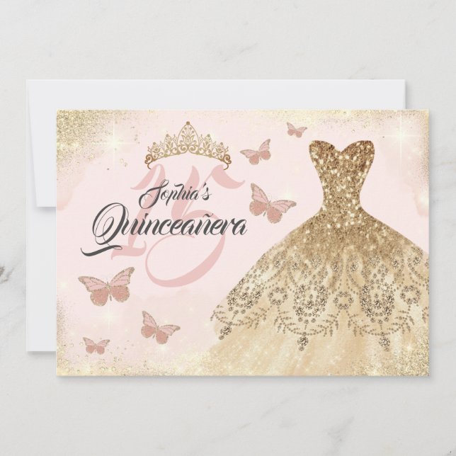 Rose Gold Pink Quinceanera Butterfly Dress  Invitation (Front)