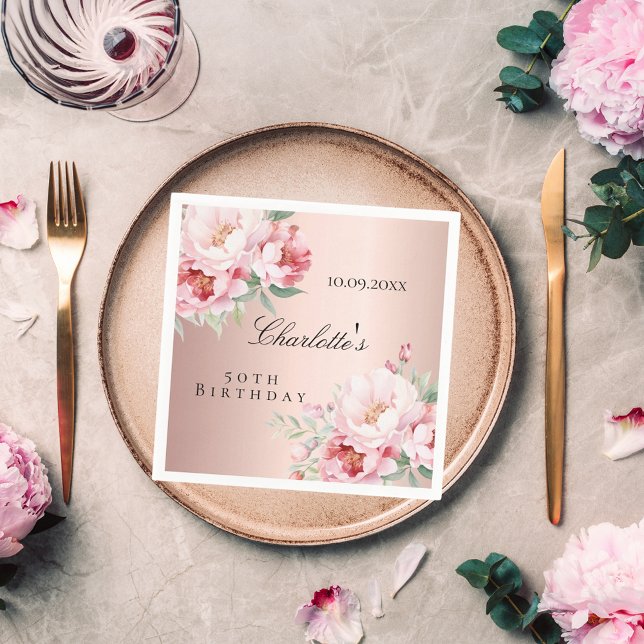 Rose gold pink roses florals elegant birthday napkin (Creator Uploaded)