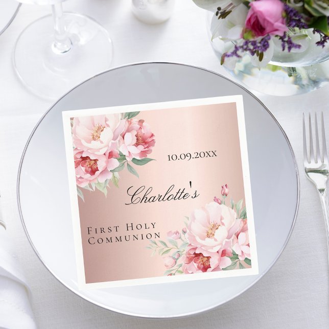 Rose gold pink roses florals First Communion Napkin (Creator Uploaded)