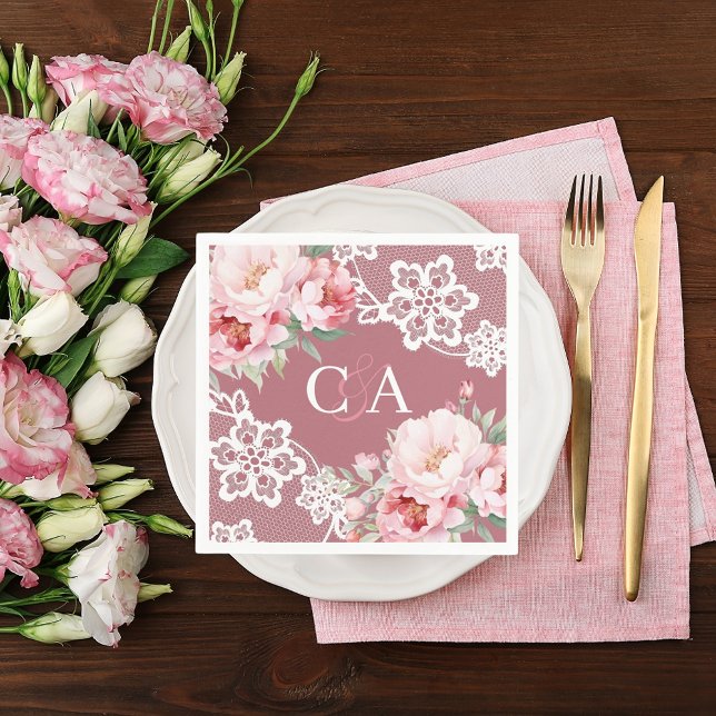 Rose gold pink roses florals monogram wedding napkin (Creator Uploaded)
