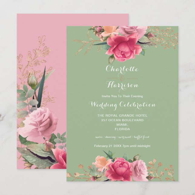 Rose Gold Pink Sage Green Floral Roses Wedding Invitation (Front/Back)
