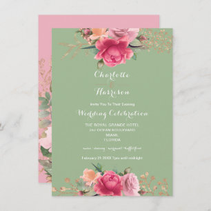 Rose Gold Pink Sage Green Floral Roses Wedding Invitation