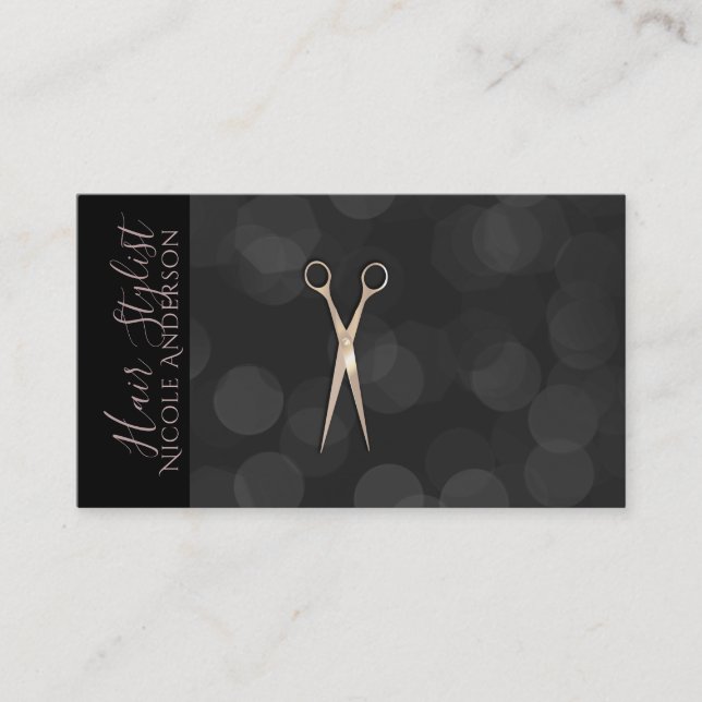 Rose Gold Pink Scissors Black Minimal Hair Stylist Business Card (Front)