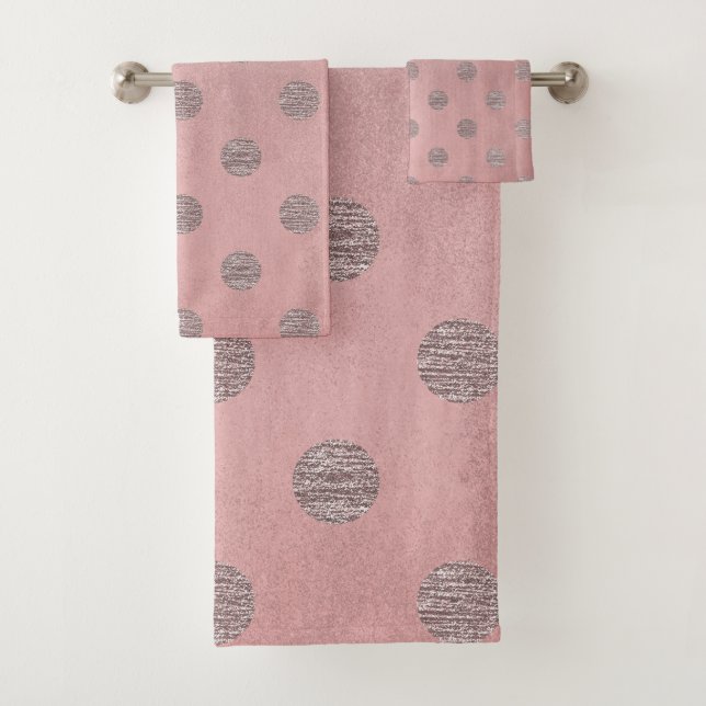 Rose Gold Pink Shine Glam Polka Dots Modern Chic Bath Towel Set (Insitu)