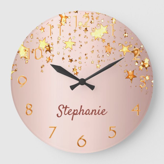 Rose gold pink shiny stars golden monogram large clock (Front)