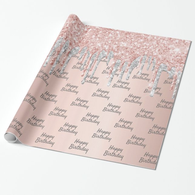 Rose gold pink silver drips birthday wrapping paper (Unrolled)