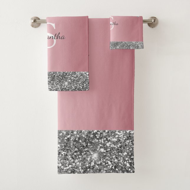 Rose Gold Pink Silver Glitter Drips Monogram Name Bath Towel Set (Insitu)