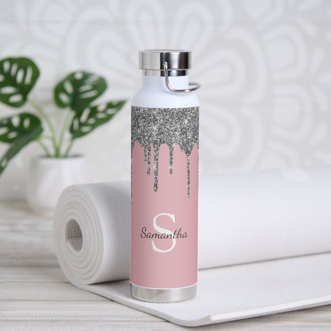 Rose Gold Pink Silver Glitter Drips Monogram Name Water Bottle (Yoga)