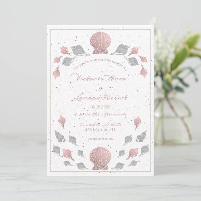 Rose Gold Pink Silver Metallic Seashells Wedding Invitation (Standing Front)