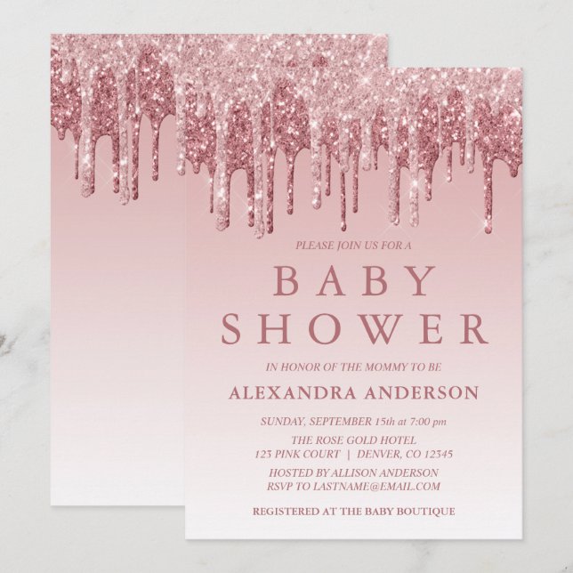 Rose Gold | Pink Sparkle Glitter Baby Shower Invitation (Front/Back)