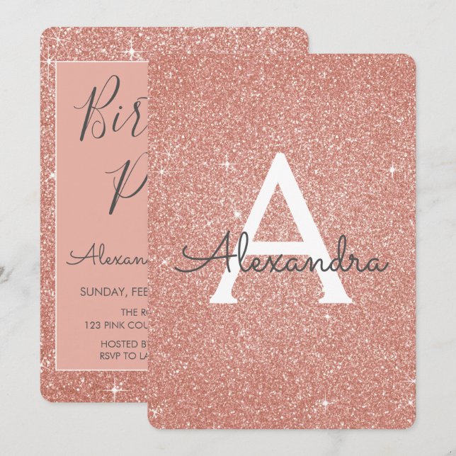 Rose Gold - Pink Sparkle Glitter Birthday Party Invitation (Front/Back)