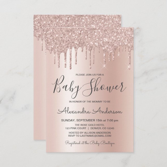 Rose Gold | Pink Sparkle Glitter Foil Baby Shower Invitation (Front/Back)