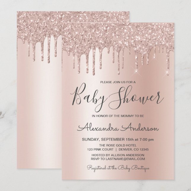 Rose Gold | Pink Sparkle Glitter Foil Baby Shower Invitation (Front/Back)