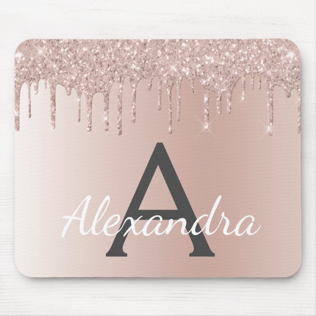 Rose Gold - Pink Sparkle Glitter Monogram Name Mouse Mat (Front)