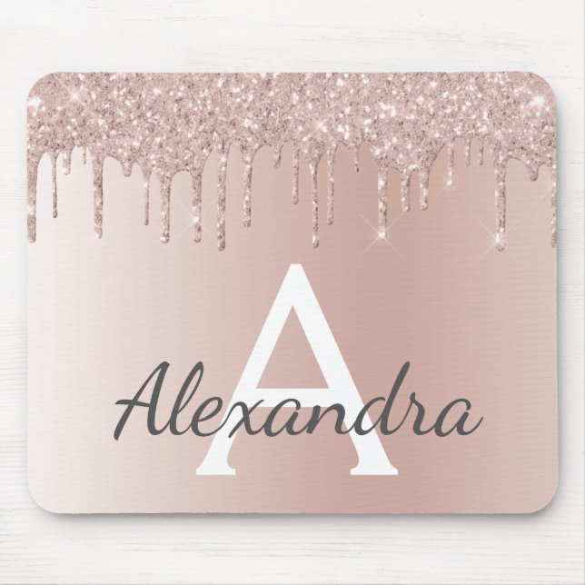 Rose Gold - Pink Sparkle Glitter Monogram Name Mouse Mat (Front)