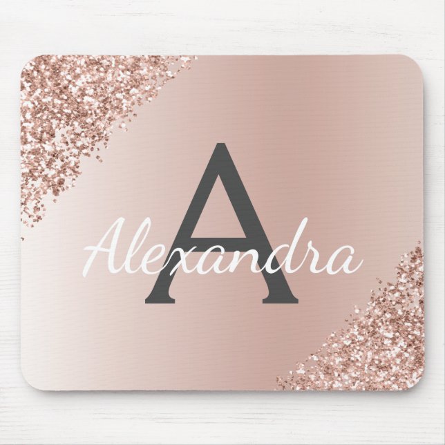 Rose Gold - Pink Sparkle Glitter Monogram Name Mouse Mat (Front)