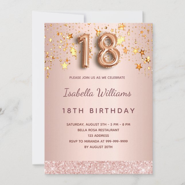 Rose gold pink stars 18th birthday invitation (Front)
