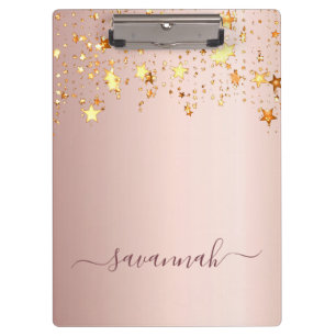 Rose gold pink stars name script glamourous clipboard