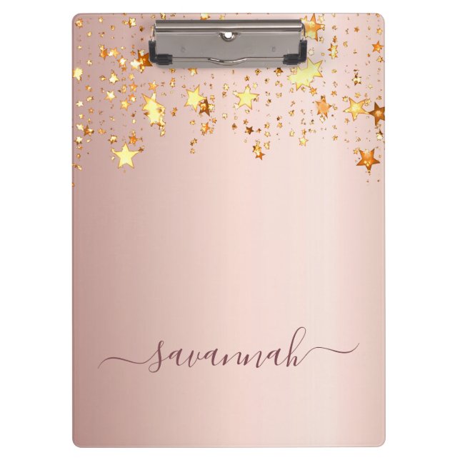 Rose gold pink stars name script glamourous clipboard (Front)