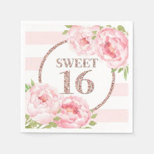 Rose Gold Pink Stripes Flowers Sweet 16 Birthday Napkin