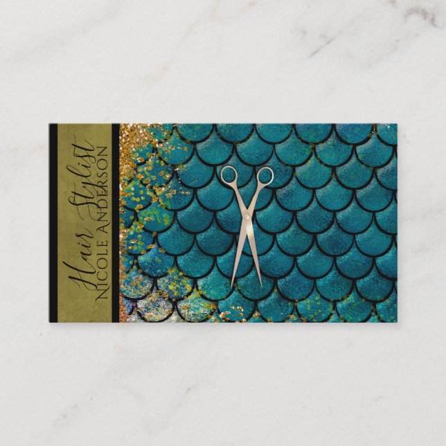 Rose Gold Pink Teal Gold Mermaid Hair Stylist Business Card (Front)