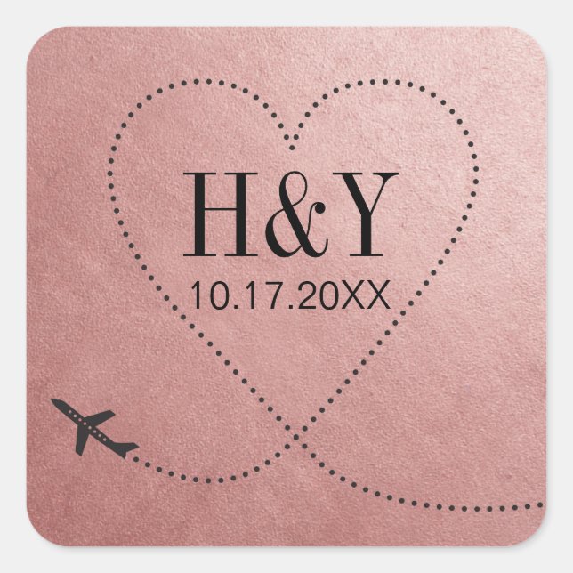 Rose Gold Pink Travel Wedding Aeroplane Monogram Square Sticker (Front)
