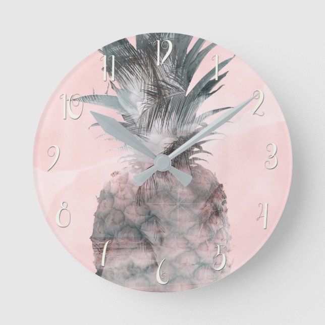 Rose Gold Pink Tropical Summer Pineapple Glam Round Clock (Front)