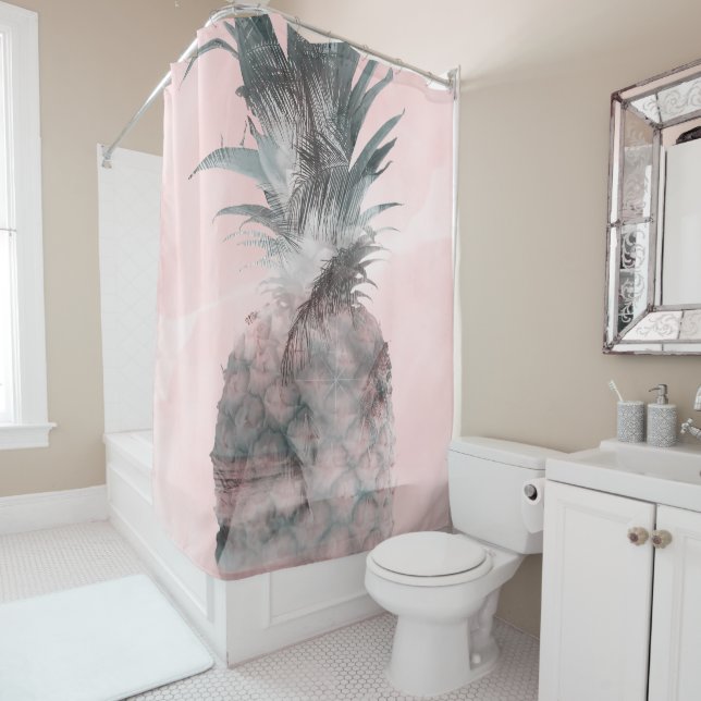 Rose Gold Pink Tropical Summer Pineapple Glam Shower Curtain (In Situ)