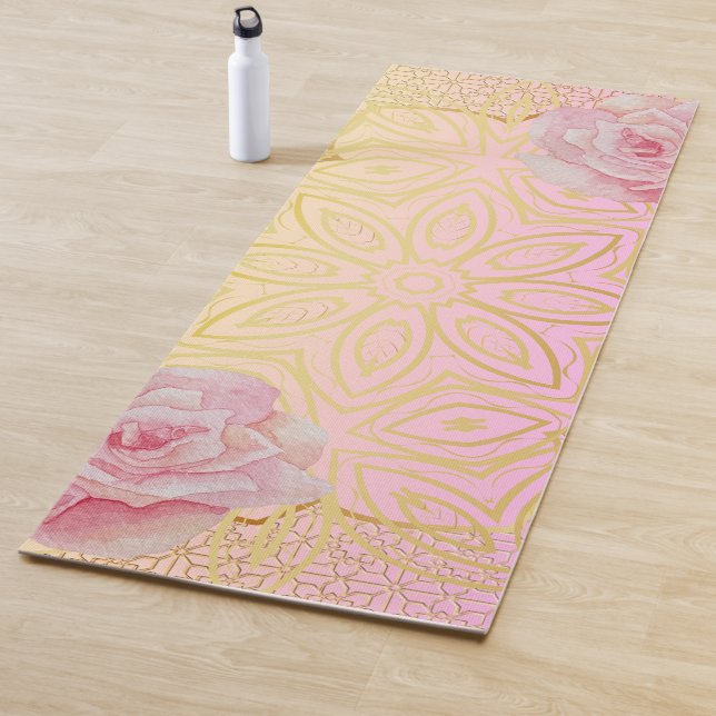 Rose Gold & Pink Water Colour Mandala Yoga Mat (In Situ)