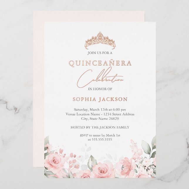 Rose Gold Pink Watercolor Floral Quinceanera  (Front/Back)