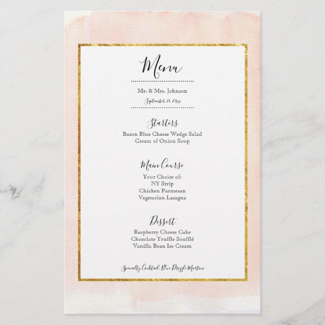 Rose Gold Pink Watercolor Wedding Dinner Menu (Front)