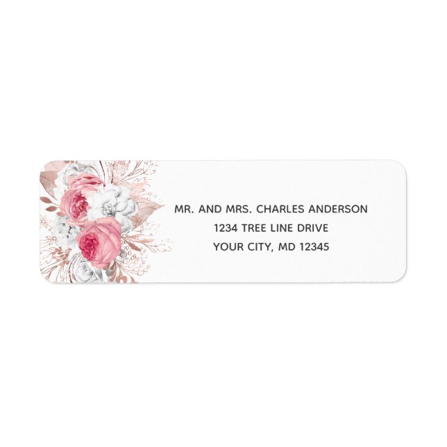 Rose Gold Pink White Floral Trendy return address  (Front)