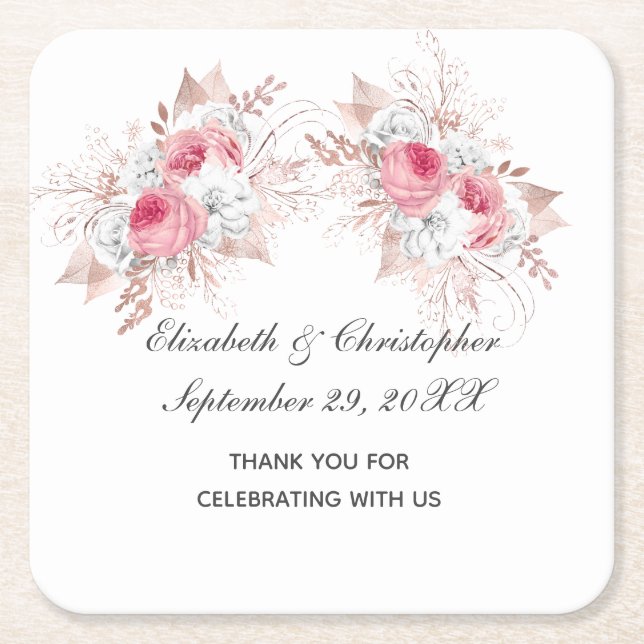 Rose Gold Pink White Floral Trendy Wedding  Square Paper Coaster (Front)