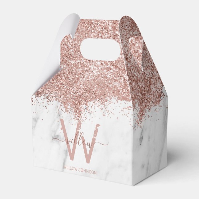 Rose Gold Pink White Marble Glitter Dust Monogram Favour Box (Front Side)