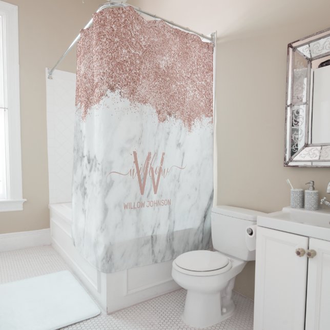 Rose Gold Pink White Marble Glitter Dust Monogram Shower Curtain (In Situ)